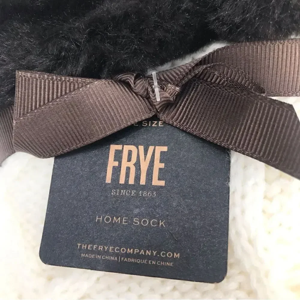 Frye Cream Knit Brown Faux Fur Pompom Trim Cozy Grip Tread Home Socks NEW